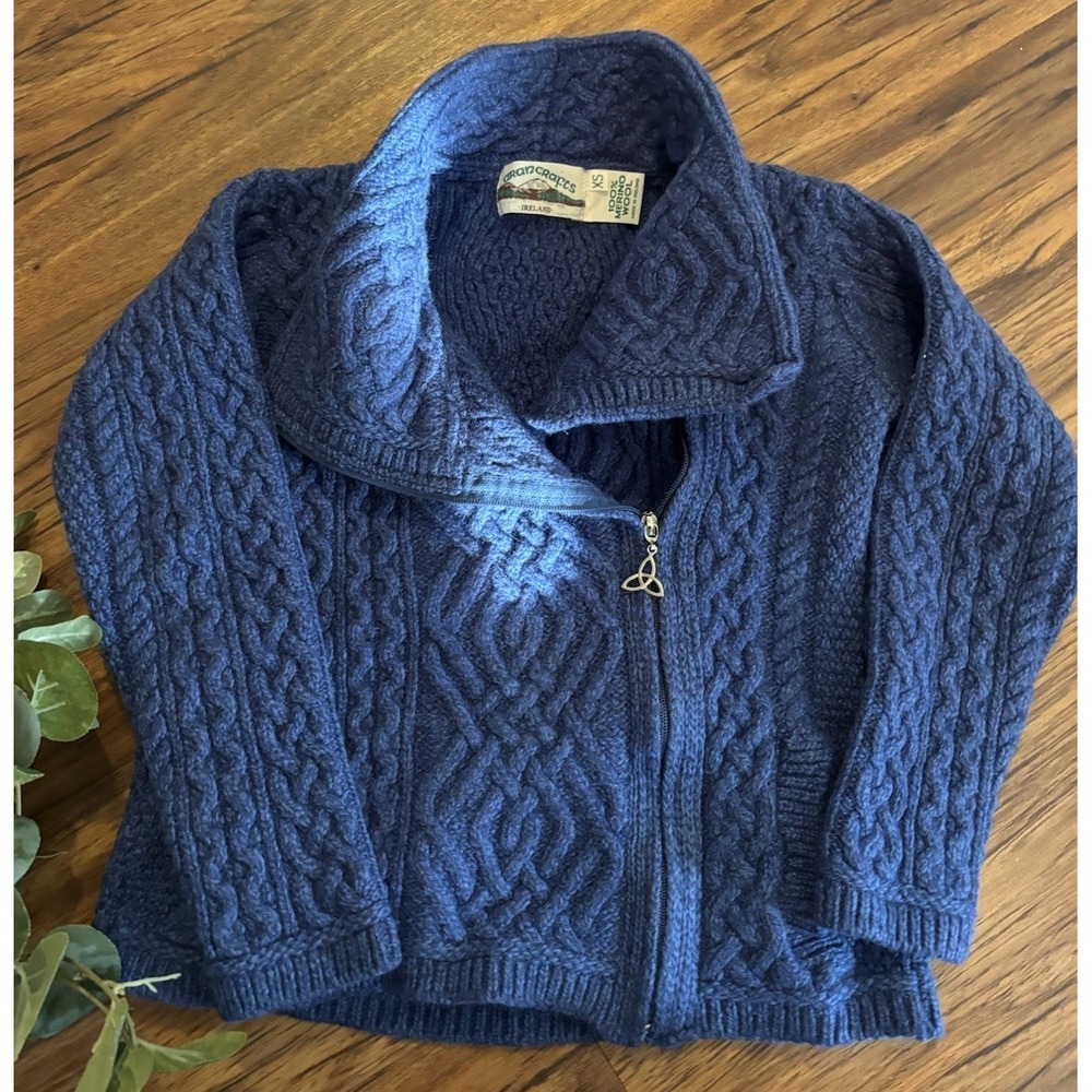 Aran Crafts Women's Top Sweater XS Merino Wool Asymmetrical Full Zip Blue